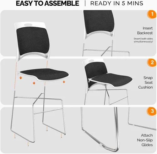 Miniatura 5 de VINGLI Juego de 4 sillas apilables de oficina con base de trineo de metal, asiento y respaldo ergonómicos acolchados de plástico, capacidad de 350