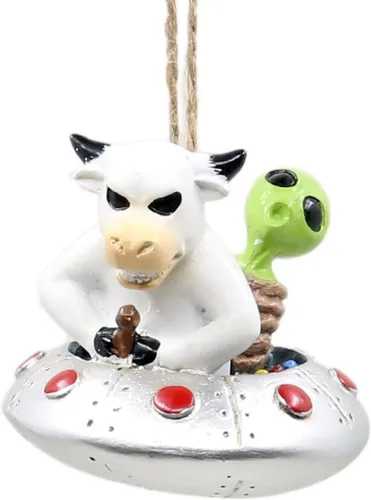 Bella Haus Christmas Shoppe - Adorno de platillo volador con giro de abducción alienígena | Divertida decoración navideña de ovni y vaca | Ideal