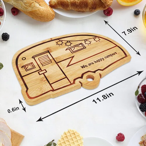 Miniatura 4 de Tabla de cortar para autocaravana, campamento, retro, Happy Camper, tabla de cortar de madera de bambú, bandeja de servir perfecta y divertida