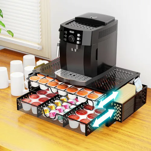 Miniatura 2 de Simple Trending Soporte para cápsulas de café para tazas K, con cajón de almacenamiento deslizante de 2 niveles y soporte para accesorios de café