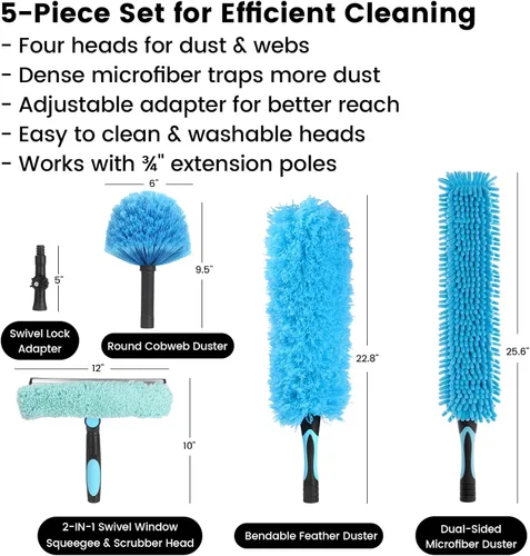 Miniatura 8 de Kit de plumero para ventilador de techo, plumero de plumas de telaraña 5 en 1 y cabezales de escobilla de goma - Microfibra lavable y flexible - Se