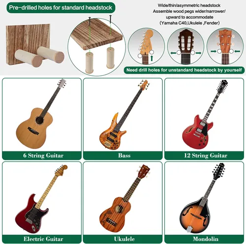 Miniatura 3 de Keebofly 2 unidades de colgador de pared para guitarra con estante de madera y soporte para púa para guitarra acústica, eléctrica, ukelele, bajo