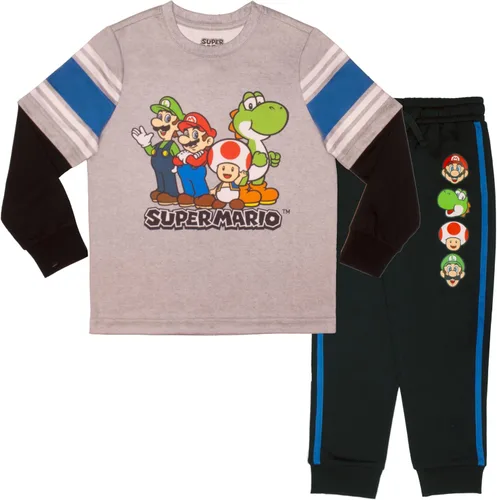 Nintendo Super Mario - Juego de 2 piezas de camiseta de manga larga para niños y pantalones deportivos, paquete de 2 unidades para niños y niños