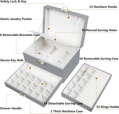 Miniatura 25 de Joyero de pendientes para mujeres y niñas, organizador de aretes de 5 capas, caja organizadora de joyas blanca con candado, collares y aretes