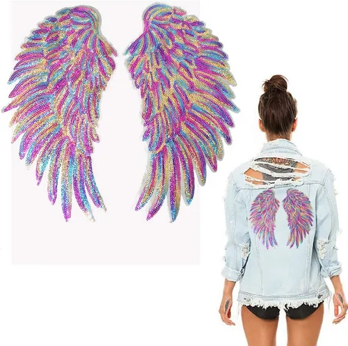 1 par de parches de lentejuelas de alas de ángel de colores deslumbrantes para ropa, parches bordados para planchar, apliques de accesorios de Color