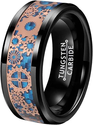 Wow Jewelers - Anillo de tungsteno de 6 mm y 8 mm color negro, plateado, rojo y azul para hombres y mujeres, anillos de matrimonio estilo Steampunk