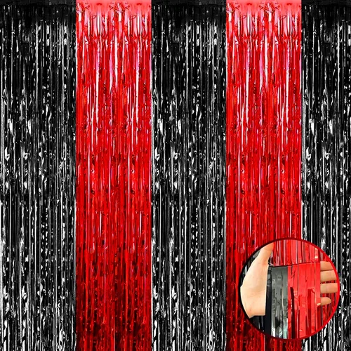 Paquete de 4 cortinas de flecos de papel de aluminio negro y rojo, 3.28 pies x 9.8 pies, cortinas metálicas de oropel con flecos para cabina de