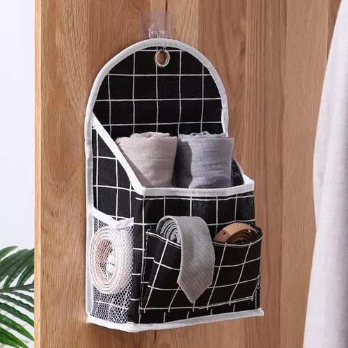 Miniatura 7 de FuninCrea Bolsa de almacenamiento para colgar en la pared, organizador de lino a cuadros blanco y negro, para montar en la pared, sin perforaciones