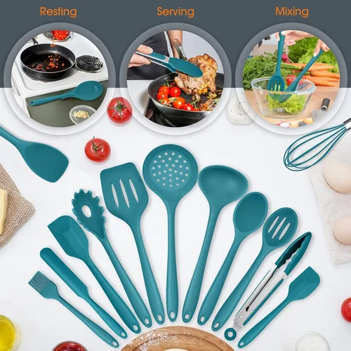 Miniatura 6 de E-far - Juego de utensilios de cocina de silicona azul turquesa, 15 piezas con soporte, utensilios de cocina antiadherentes y resistentes al calor
