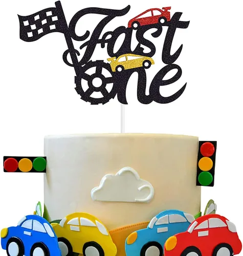 Miniatura 7 de Fast One - Decoración para pastel de primer cumpleaños, decoración de pastel de carreras con purpurina y temática de bandera a cuadros, suministros