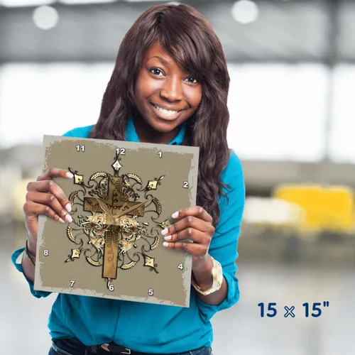 Miniatura 4 de 3dRose Cruz decorada de bronce - reloj de pared, 10 por 10 pulgadas (DPP_54377_1)