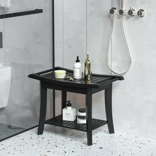 Miniatura 2 de Banco de ducha de bambú en el interior del taburete de ducha con estante de almacenamiento de espacio eficiente, sillas de ducha de baño, asientos