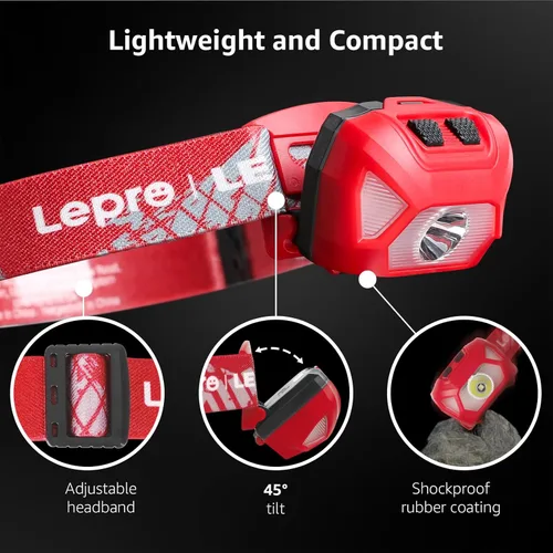 Miniatura 5 de Lepro 320015 - Linterna frontal con batería – 1300Lux lámpara LED súper brillante con luz roja, faros impermeables IPX4 para acampar al aire libre
