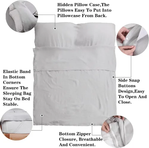 Miniatura 2 de S VICTORY SYMBOL Sábana de cama portátil 100% lino, forro de saco de dormir para hotel y viajes, saco de dormir para adultos, ultra ligero con Gris
