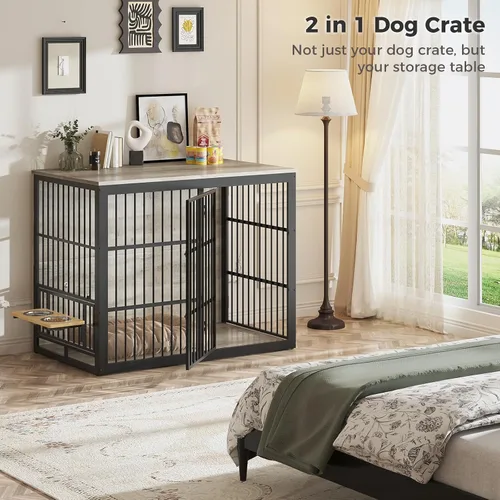 Miniatura 5 de Lyromix Mueble de jaula para perros XXL de 48 pulgadas con alimentador giratorio, mesa auxiliar de madera grande, jaula de interior resistente