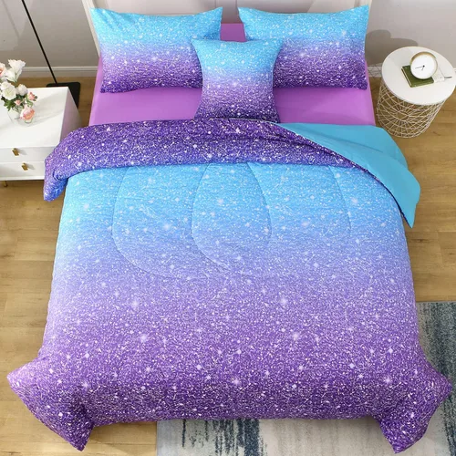 Miniatura 3 de JQinHome Juego de edredón con purpurina, tamaño individual, juego de ropa de cama en una bolsa de 6 piezas en 3D colorido degradado para niñas