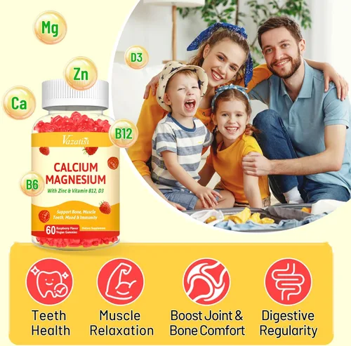 Miniatura 4 de Paquete de 2 gomitas de calcio con magnesio, zinc, vitamina D3 y B12, suplementos de calcio para mujeres y hombres, apoyo a los huesos, los músculos