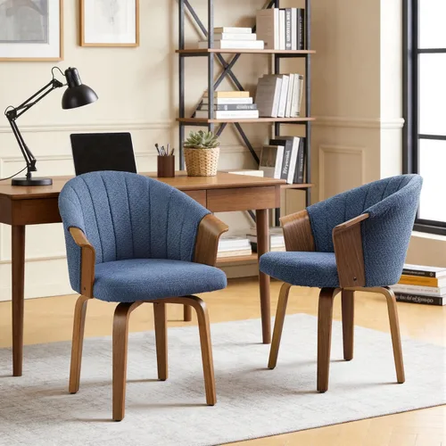 Miniatura 5 de Art Leon Silla de escritorio sin ruedas, silla giratoria moderna de mediados de siglo, silla de escritorio de tela Boucle con patas de madera