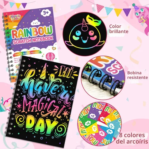 Miniatura 7 de Recuerdos de papel para rascar para fiestas para niños: paquete de 16 cuadernos de rayas arcoíris, bolsas de regalo, libros para colorear, recuerdos