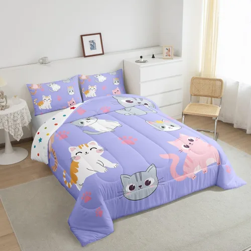 Miniatura 51 de Erosebridal Juego de ropa de cama para niños, tamaño individual, diseño de gatos de dibujos animados, para niñas, niños y adolescentes, edredón