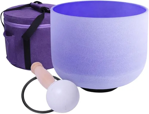 Cuenco de cristal de cuarzo esmerilado de color púrpura de 432 Hz con diseño de corona B de 8 pulgadas con bolsa resistente Nota F de 432 Hz