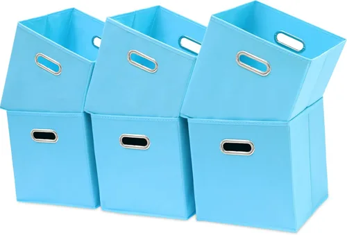 Cubos de almacenamiento de tela – 13 x 13 x 13 pulgadas, cubos organizadores plegables con asas dobles – juego de 6, color azul
