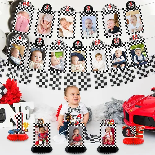 Miniatura 6 de Decoración de fiesta de primer cumpleaños, auto de carreras, 12 meses de hitos mensuales, cartel de fotos de bebé para primer año de dibujos