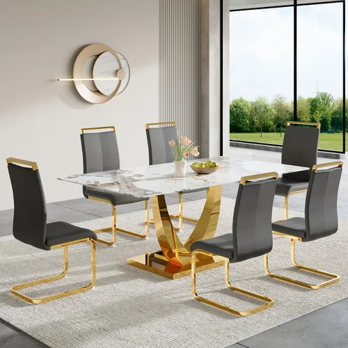 Miniatura 48 de Juego de mesa de comedor para 4, mesa de comedor de mármol sintético de 63 pulgadas con patas y base de acero inoxidable, sillas acolchadas