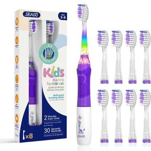 Miniatura 8 de SEAGO Cepillo de dientes eléctrico para niños con temporizador de cepillado de 2 minutos y 8 cabezales de cepillo de repuesto, la luz LED arcoíris