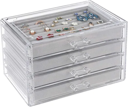 Weiai Organizador de joyas acrílico caja de joyería transparente con 4 cajones vitrina de terciopelo para almacenamiento aretes anillos collares y