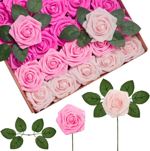 Miniatura 15 de InnoGear Flores artificiales, 100 rosas falsas de espuma blanca a granel con tallos para decoración, ramos de boda, centros de mesa, despedida