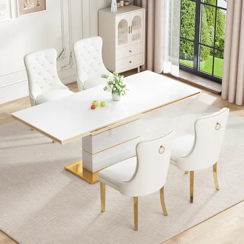 Miniatura 11 de Mesa de comedor moderna negra para 6 personas, mesa de cocina rectangular de 63 pulgadas con acabado lacado dorado y base de pedestal de acero
