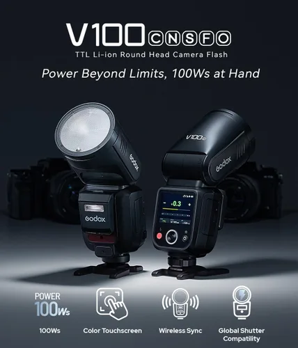 Miniatura 2 de Godox Flash de cámara V100 V100-C V100C versión de EE. UU. para Canon, Speedlite de cabeza redonda de 100 W, flash de obturador global TTL 2.4G TTL