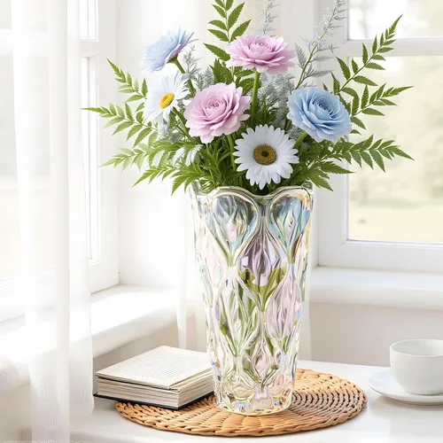 Miniatura 9 de Florero de cristal ámbar grueso para ramo, florero de vidrio bohemio pesado de 9.5 pulgadas de alto para flores, centros de mesa, mesa de comedor