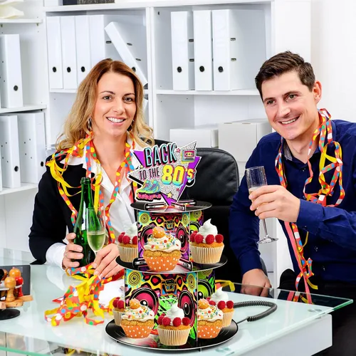 Miniatura 6 de Zopeal Soporte para cupcakes de 3 niveles de los años 80, decoración de fiesta musical, soporte para tartas de hip hop, torre de pastel de regreso a