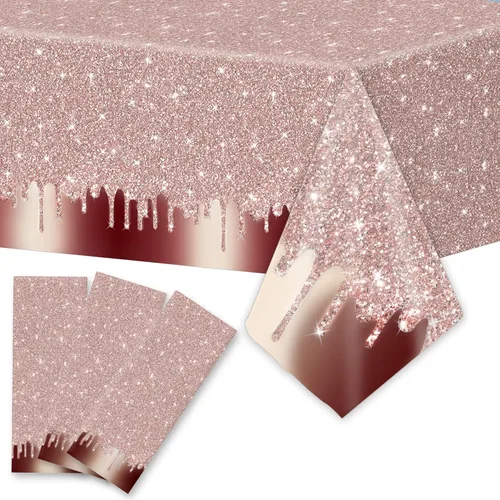 3 piezas de manteles de plástico con lentejuelas de color oro rosa para fiestas de cumpleaños, con estampado de diamantes de purpurina, fondo de