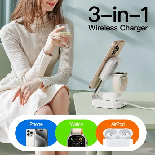 Miniatura 9 de RYND Estación de carga rápida inalámbrica Mag-Safe 2026, cargador magnético 3 en 1 con iPhone 17, 16, 15, 14, 13, 12 Pro Max, serie Apple Watch