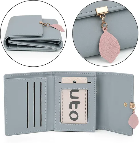 Miniatura 5 de UTO - Cartera pequeña RFID de piel sintética con dije de hoja, cierre de cremallera y tarjetero.