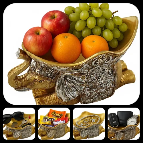 Miniatura 3 de Lescafita Escultura de Elefante Africano Dorado, Exquisita Decoración Animal para el Hogar, con Bandeja de Almacenamiento en la Parte Superior