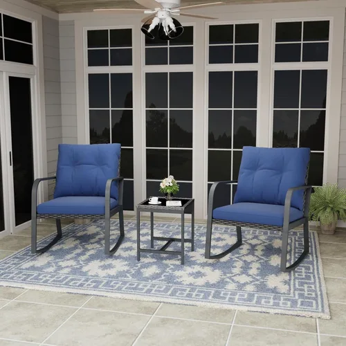 Juego de muebles de patio bistró de 3 piezas, mesa de patio y juego de sillas de columpio de ratán para exteriores de 2 piezas, juego de Azul