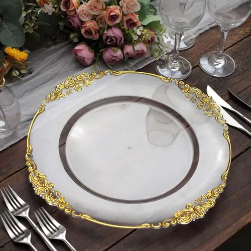 Miniatura 10 de Efavormart - Paquete de 6 platos barrocos redondos de oro rosa de 13 pulgadas, borde en relieve de hojas, perfecto para decoración de catering