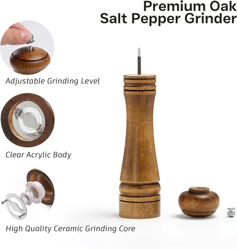 Miniatura 2 de Molinillo de sal y pimienta de madera, molinillo de sal y pimienta, cocteleras de madera de roble con molinillos de cerámica ajustables, 10