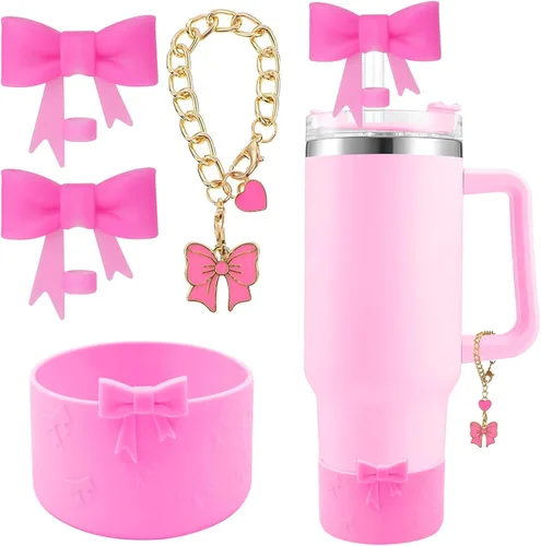Miniatura 37 de Conjunto de accesorios para taza Hpebl para Stanley, incluye 2 tapas de pajita con moño lindo de 10 mm, tapones reutilizables para pajita, 1 funda