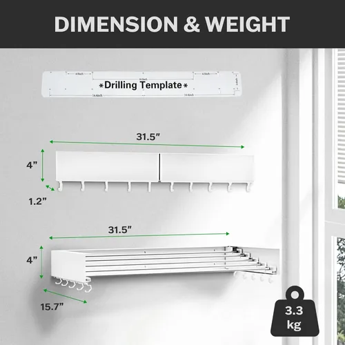 Miniatura 2 de Estante de secado de ropa montado en la pared, retráctil y plegable, 80 cm de ancho, 4 metros lineales, 5 varillas de aluminio resistentes, Blanco