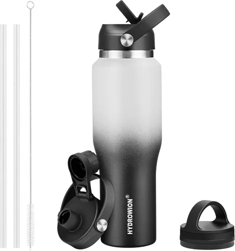 Miniatura 45 de HYDROWION Botella de agua de acero inoxidable, 32 onzas, boca ancha, doble pared, aislada al vacío, con tapa de pajilla, tapa de boquilla y tapa