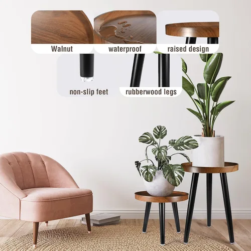 Miniatura 5 de KGPLOME Soporte para plantas de interior, mesa de madera de mediados de siglo con acabado de nogal, soporte alto para maceta, mesa auxiliar redonda