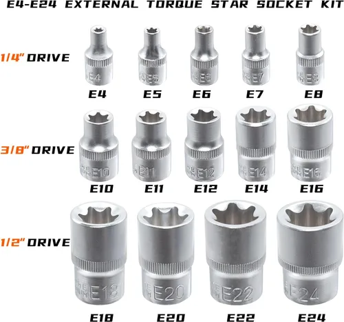 Miniatura 2 de E-Torx Juego de zócalos, 14 piezas hembra E-Torx Star Socket Set, 1/4" 3/8" 1/2" Drive, E4 a E24 Torque E Externo Juego de zócalos, 14pcs Star