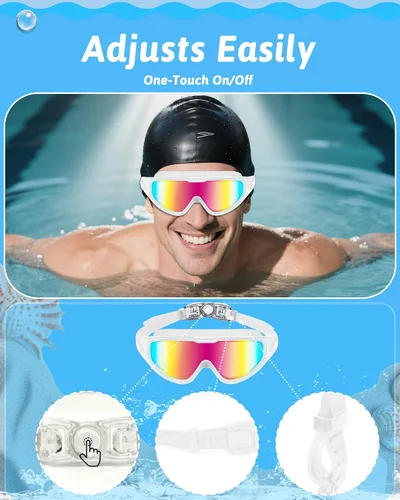 Miniatura 5 de Gafas de natación antivaho anti UV, visión amplia y sin fugas, gafas de natación y gorro de natación para hombres, mujeres, adultos y jóvenes Blanco