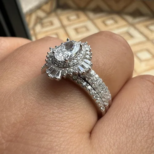 Miniatura 5 de Newshe Jewellery Anillos de compromiso vintage para mujer AAAAA CZ anillo de boda realzador nupcial conjunto de 3.5 quilates plata de ley 925 halo