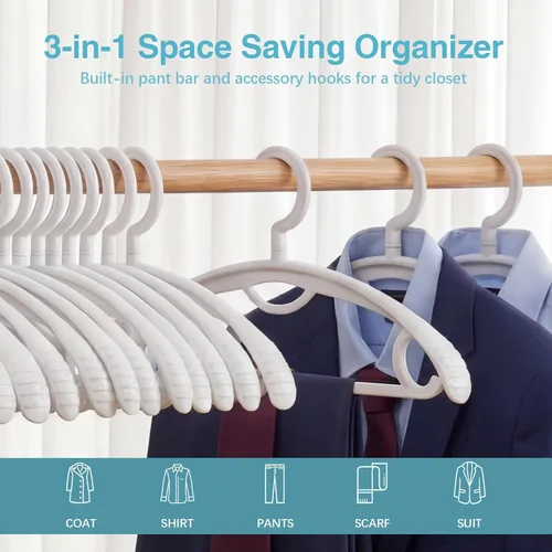 Miniatura 5 de Percha de plástico para ropa, extra gruesa de plástico con hombro ancho para adultos, rotación de 360 grados, antideslizante, percha estándar
